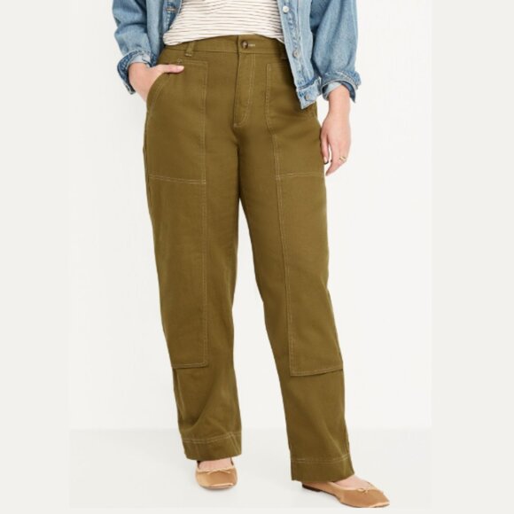 OLD NAVY Utility Straight Leg Pants 30" High Rise Carpenter Satin Moss Womens 16 - Picture 1 of 15